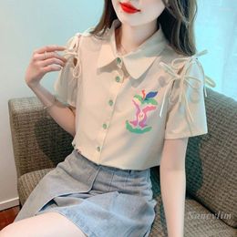 Chemisiers pour femmes mode coréenne imprimé chemise en mousseline de soie à manches courtes pour les femmes été 2023 chemisier à lacets hauts Chic beau bouton