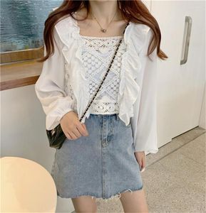 Dames blouses Koreaanse mode ruche wit shirt vrouwen lange mouw elegante blouse sexy crop top hol uit haak boho blusa mujer 2023