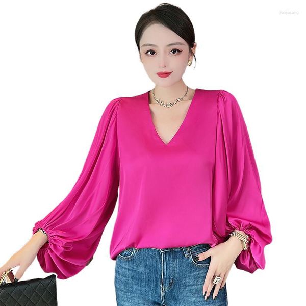 Blouses Pour Femmes Mode Coréenne Sexy Extra Large Manches Lanterne Acétate Satin Chemise À Manches Longues Printemps Et Automne Style Chic Street Wear