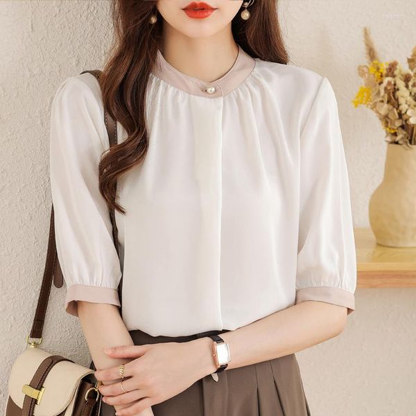 Blusas de mujer Camisas de moda coreana y botón de perla Tops de mujer Elegante mujer joven Verano Ropa femenina Camisa de gasa