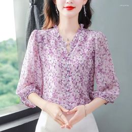Blouses pour femmes mode coréenne chemisier en mousseline de soie printemps été manches 3/4 chemise imprimée florale col en V décontracté haut pour femme ample