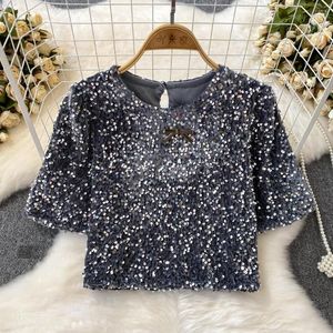 Blusas de mujer Estilo de la moda coreana Arco Manga corta Cuello redondo Lentejuelas Jersey plateado Camiseta Top informal