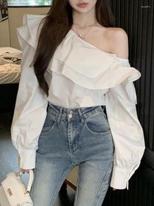 Blouses Femmes Mode Coréenne Chemises Blanches Femmes Printemps Manches Longues Slash Cou Casual Élégant Hors Épaule Volants Dames Tops Blusas