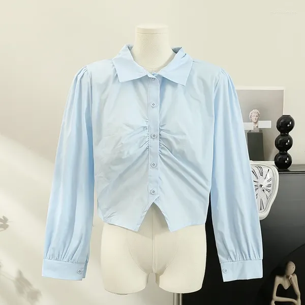 Blusas de mujer moda coreana blusa de mujer 2024 manga larga de algodón de lino cuello Polo camisa azul otoño suelto elegante Tops cortos cortos