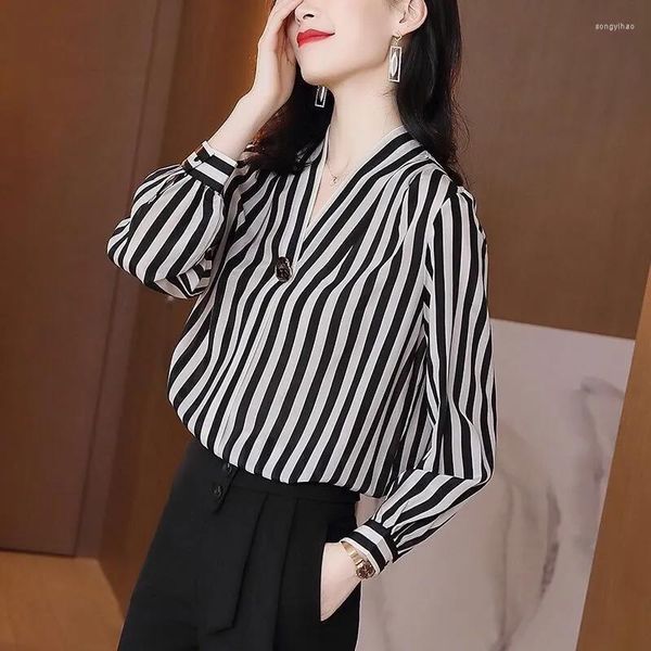Blouses pour femmes mode coréenne femme Blouse 2023 en mousseline de soie à manches longues chemise hauts femmes chemises blanches haut rayé Q458