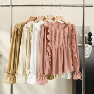 Blouses Femmes Mode coréenne Femmes Chemisier Arrivée O-Cou Long Flare Manches Volants Bord Chemises Maigres Automne Casual Dames Tops Dropship