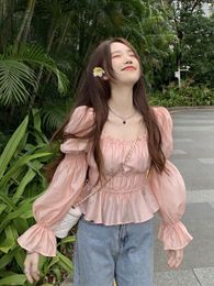 Dames blouses Koreaanse mode vrouwen uit schouder slash nek elastische blouse vrouwelijke lange mouw zoete stijl shirt top mujer