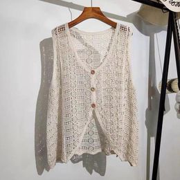 Blouses pour femmes coréen évider Sexy broderie florale tricoté dentelle Blouse femmes Cardigan ample col en v sans manches gilet haut d'été 2023