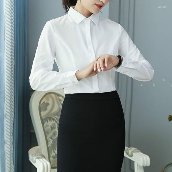Blouses pour femmes coréennes dames hauts printemps automne chemise blanche femmes décontracté à manches longues revers cacher bouton formel affaires Blusas