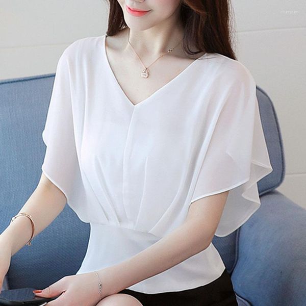 Blusas de mujer, blusas coreanas para mujer, camisa blanca, blusa, ropa de moda 2023, camisas cortas con volantes y cuello en V de lunares, chifón 3097 50