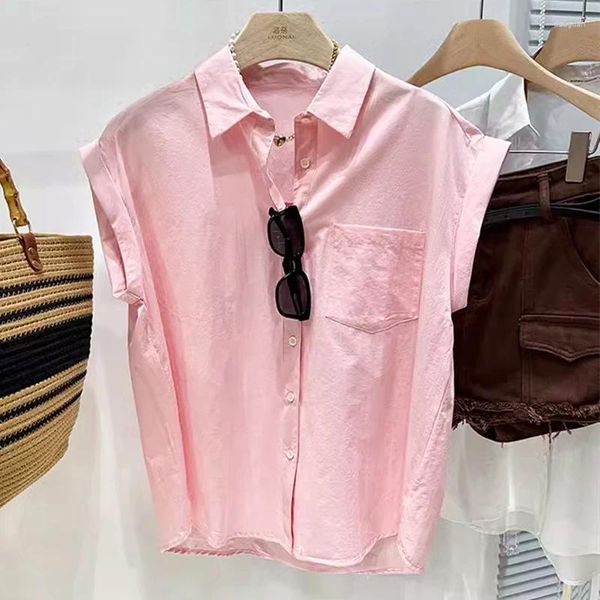 Blusas para mujeres Camasas de algodón de lino coreano para mujeres sin mangas hasta los hombros azul cielo polo polo sweet universitaria verano verano