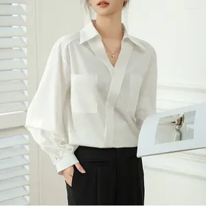 Blouses pour femmes coréen poche ample bureau dame Blouse élégante lanterne à manches longues chemise blanche femmes décontracté col rabattu Blusa 29915