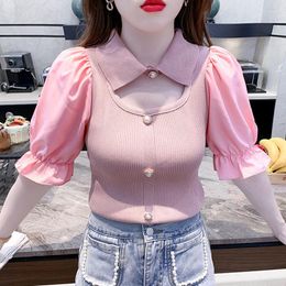 Blouses pour femmes coréen Patchwork Blouse femmes été manches bouffantes hauts tricotés et rose blanc évider chemise Blusas Mujer