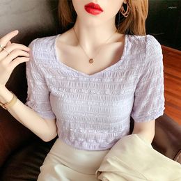 Damesblouses Koreaanse korte mouw vrouwelijk 2022 zomer elegant v-neck kanten chiffon shirt vrouwen wit groen zwarte blusas paarse druppel 2228