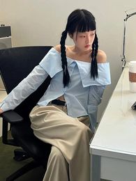 Damesblouses Koreaanse eenvoudige shirts Sexy slank Eénlijnskraag Persoonlijkheid Grote revers Breasted Crop Tops Effen Mode Camisas E Blusas