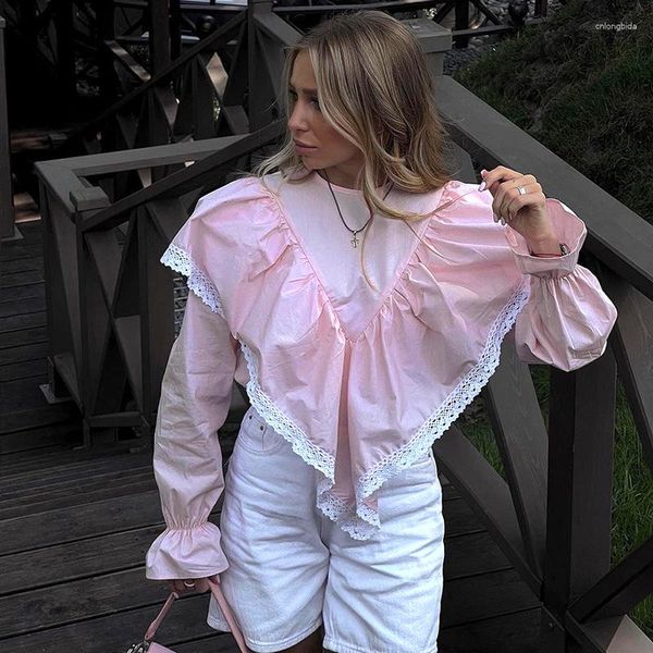 Blouses Femmes Style coréen Chic Femmes Dentelle Patchwork Rose Blouse Chemises Volants Grand Revers Blouse À Manches Longues Bouton À Volants Tops Automne