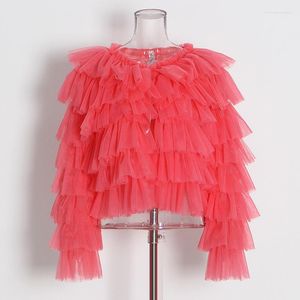 Blouses pour femmes Style coréen haut élégant 2023 été col rond à manches longues à volants plissé décontracté maille chemise bouffante vêtements femme