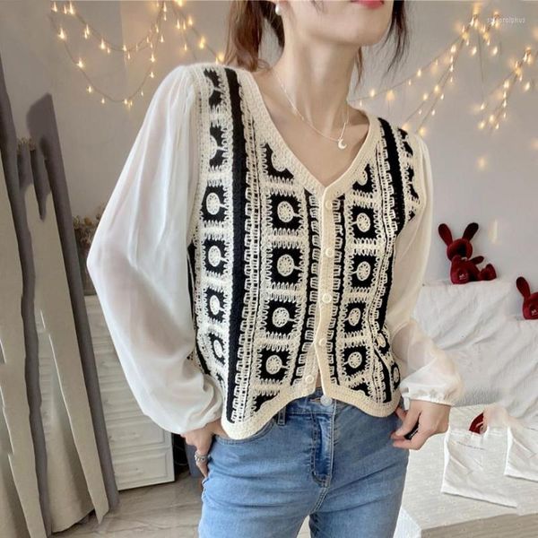Blouses pour femmes Style coréen mode Cardigan Vintage dentelle Blouse femmes hauts et Boho ethnique haut Crochet chemise Blusa Mujer De 2023