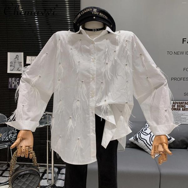 Blouses pour femmes Fashion coréenne Fashion Feath Feather Loose Shirt 2024 Printemps Automne à manches longues Slim Elegant White Top