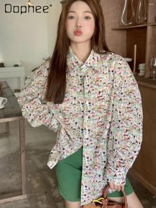 Blouses pour femmes Carton à la mode de style coréen imprimé lâche minceur de chemise polyvalente Femme 2024 Top à manches longues du printemps d'été