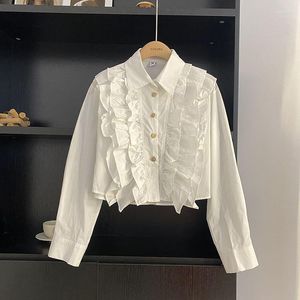 Damesblouses Koreaanse stijl Shirt met lange mouwen Enkele rij knopen Omgeslagen hals Volantsrand Los Dames Meisjes Korte tops Herfst