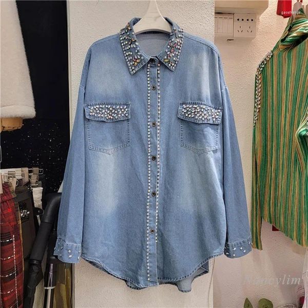 Blouses pour femmes Style coréen chemise en Denim ample 2024 printemps diamant couleur des ongles perles mode polyvalent haut boutons rue