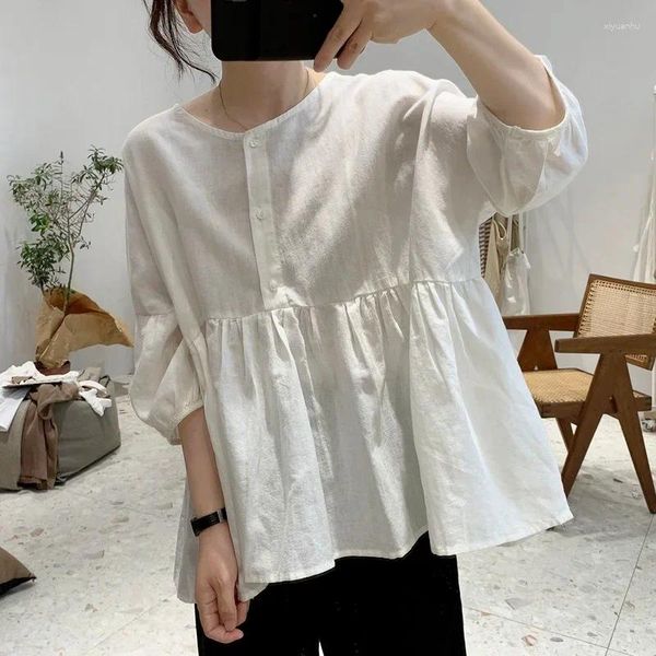 Blouses pour femmes Style coréen Lâche O-Cou Été Femmes Solide All-Match Mode Loisirs Collège Femme Fold Vintage Simple Respirant