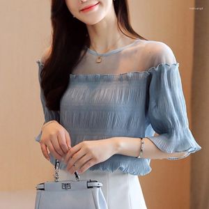 Blouses pour femmes Style coréen maille hors épaule hauts sexe évider bureau dame chemise en mousseline de soie Blouse femme à manches courtes couleur unie V2469