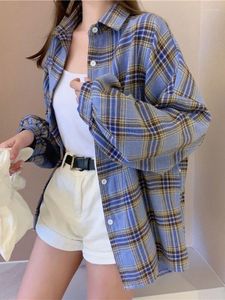 Vrouwen Blouses Koreaanse Stijl Geruite Shirt Vrouwelijke Vintage Lange Mouwen Oversized Katoenen Tops Voor Vrouwen 2023 Herfst Losse Uitloper streetwear