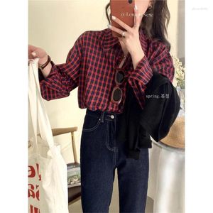 Damesblouses Koreaanse stijl Retro geruit overhemd Lente losse, bijpassende afslankende casual top