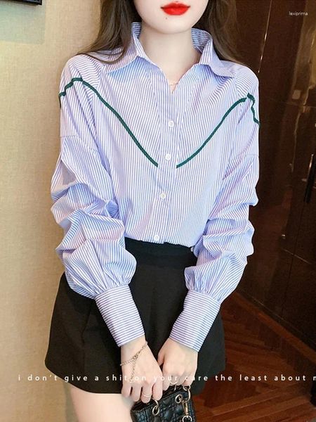 Blouses pour femmes Style coréen Chemise rayée Femmes Arrivée 2023 Automne Col rabattu Lanterne Manches Dames Élégant Tops Chemises W1360