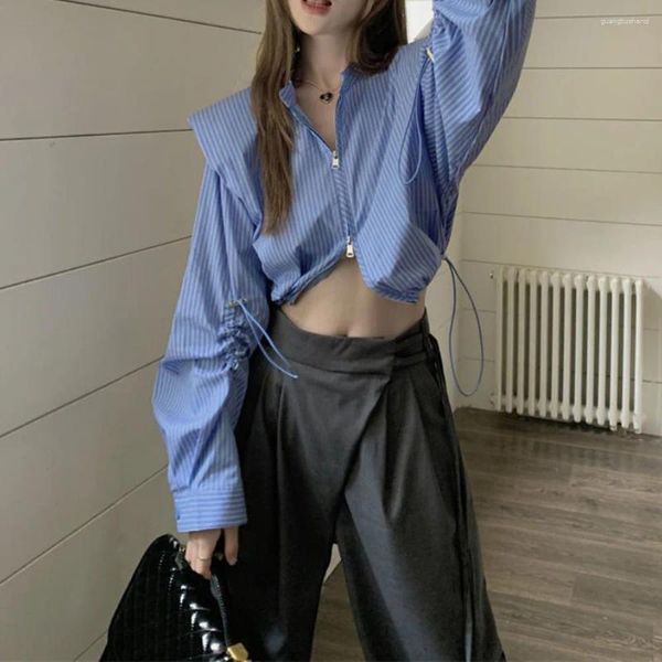 Blouses des femmes Style coréen Sweet Lady Stripe Trawstring Shirt Women Fashion Double Zipper Y2K Tops Crops Femme Trendy Loose Long