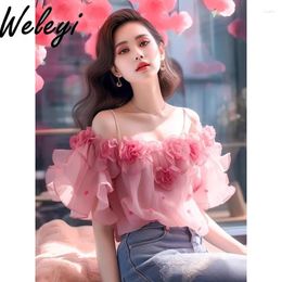 Blouses des femmes Chemises de fleurs tridimensionnelles de style coréen Summer Summer Unique à manches courtes Koszule I Bluzki Off épaule
