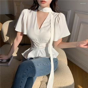 Dames blouses Koreaanse stijl v-hals bowtie kraag korte mouw dames blouse peplum shirt elegante kantoor dame crop top blusas mujer