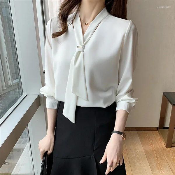 Chemisiers pour femmes Style coréen col en v nœud ample professionnel en mousseline de soie blanche petit haut élégant à manches longues