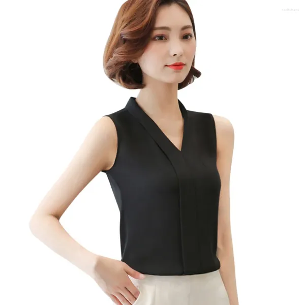 Blouses pour femmes Style coréen chemisier en mousseline de soie blanche élégant bureau dame sans manches col en V chemises et travail d'été haut basique Blusas