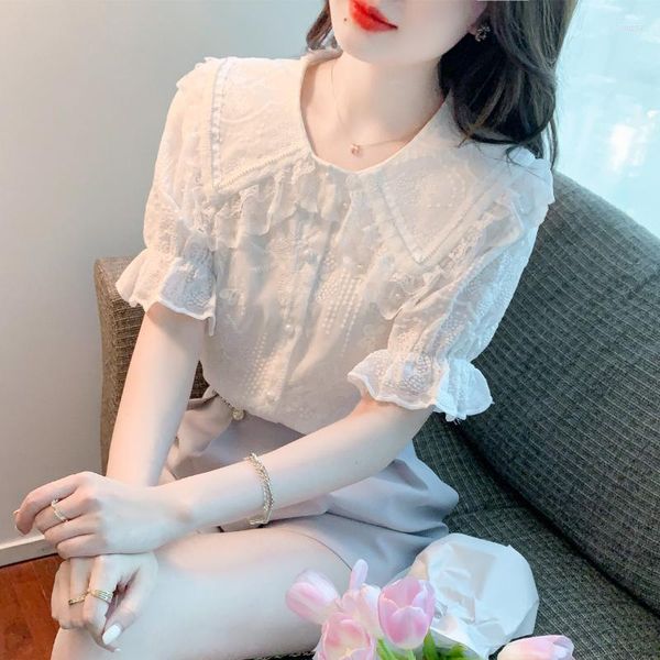 Blusas de mujer Blusa de encaje dulce con cuello de muñeca de verano coreano Camisa de temperamento de manga corta para mujer