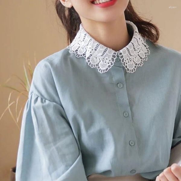 Blouses pour femmes tempérament coréen revers crochet fleur couleur unie perceuse demi-longueur col décoratif noué petit châle manches factice
