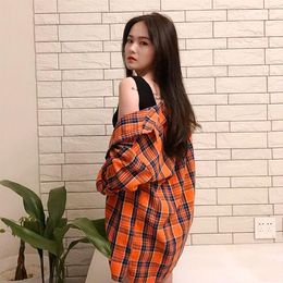Blusas de mujer versión coreana de la camisa a cuadros naranja salvaje Retro estudiante femenina suelta estilo perezoso chaqueta de manga larga marea