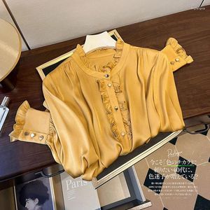 Dames blouses Koreaanse versie satijnen shirts losse solide zijde vintage lente zomer dames kleding mode ruches dames top