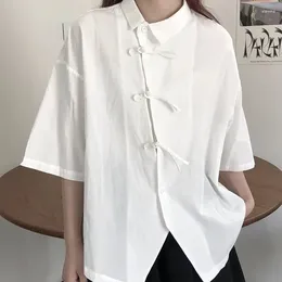 Blouses pour femmes Version coréenne Hauts à manches courtes Noir Chinois Oblique Plaque Bouton Chemise Été Lâche Peplum Blouse Femmes Style Rétro