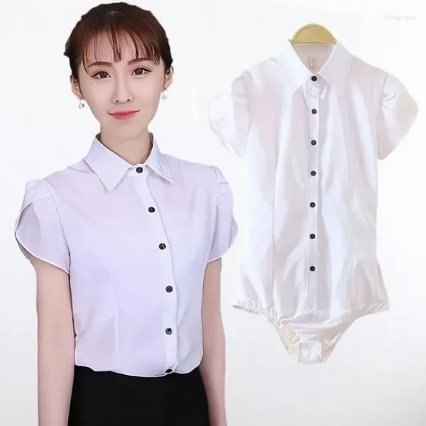 Blouses pour femmes Version coréenne Chemise blanche Femmes Feuille de Lotus Manches en mousseline de soie courte OL Combinaison Vêtements professionnels Vêtements de travail