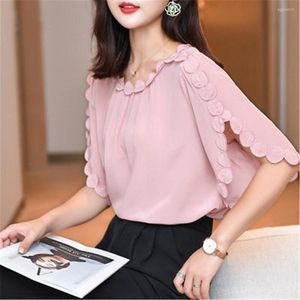 Blouses pour femmes femmes coréennes printemps été Style chemises en mousseline de soie dame décontracté col rond manches courtes évasées rose Beige hauts blouses