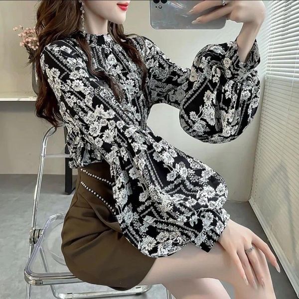 Blusas para mujeres Korejepo Camisas de estilo étnico Camisa de satén floral blanco negro 2023 Autumn Gentle Slimming Lantern Manga Top Mujeres