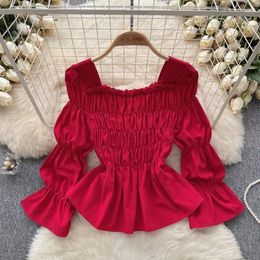 Damesblouses Korejepo Frans retro rood overhemd Herfst geplooid Trui met lange mouwen 2024 Eerste liefde Fee Temperament Beroemdheid Tops