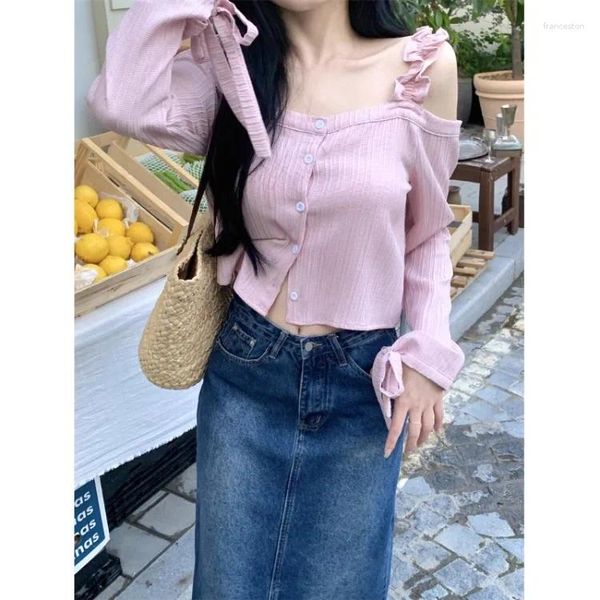 Blusas de mujer Korejepo fuera del hombro camisa rosa de manga larga para mujer principios de otoño 2024 blusa reductora de edad estilo preppy tops cortos franceses