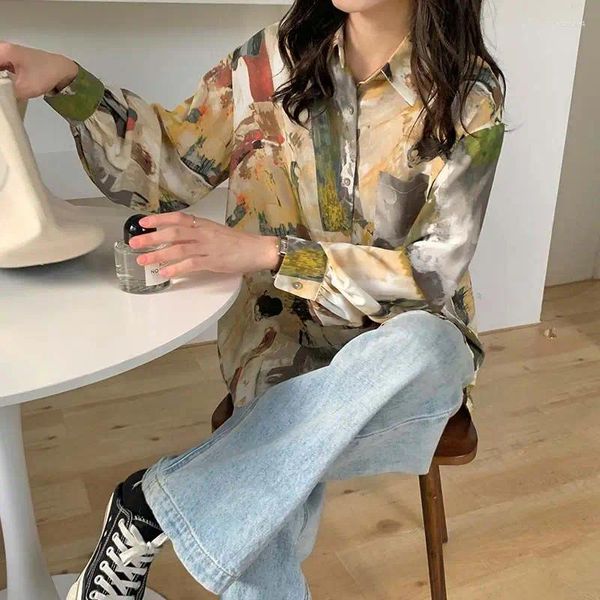 Blusas para mujeres Korejepo Tie Dye Camisa de manga larga Camisas de manga larga Patrón teñido de mujeres Nicho de nicho japonés