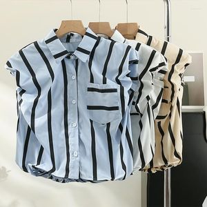 Chemisiers pour femmes Korejepo Stripe Shirt Top 2023 Summer Lapel Neck Vertical Age Reducing Women Blouse Style coréen Chemises sans manches polyvalentes