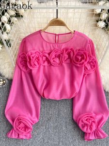 Blouses voor dames korejpaa Franse stijl chiffon blouse dames 3d bloemen puff mouw tops casual solide mode ronde nek blusas femininas