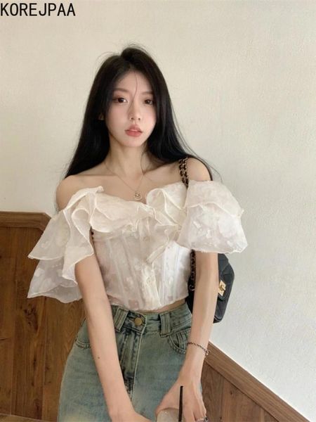 Blouses pour femmes Korejpaa French Shirt White Shirt Ruffle Slash Neck Off Brouch Shirts Shirts Femme 2024 Été Slim Crop Top Ins Fashion